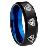 8mm Multiple CTR Beveled Edge Blue and Black Tungsten Anniversary Ring