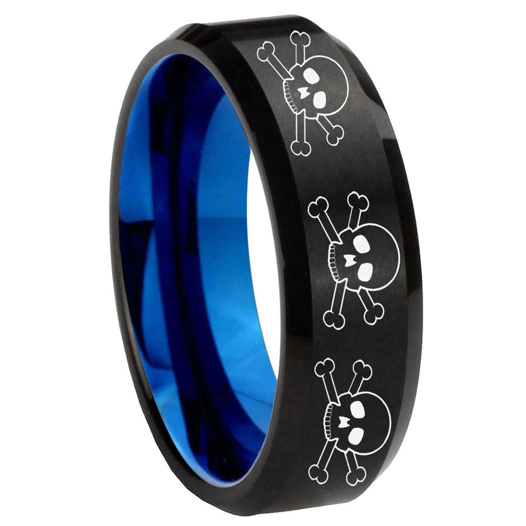 8mm Multiple Skull Two-Tone Beveled Black Blue Tungsten Promised Ring