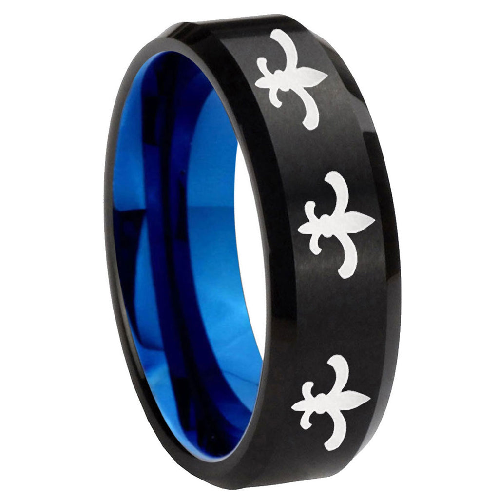 8mm Multi Fleur-De-Lis Two-Tone Beveled Black Blue Tungsten Promised Ring