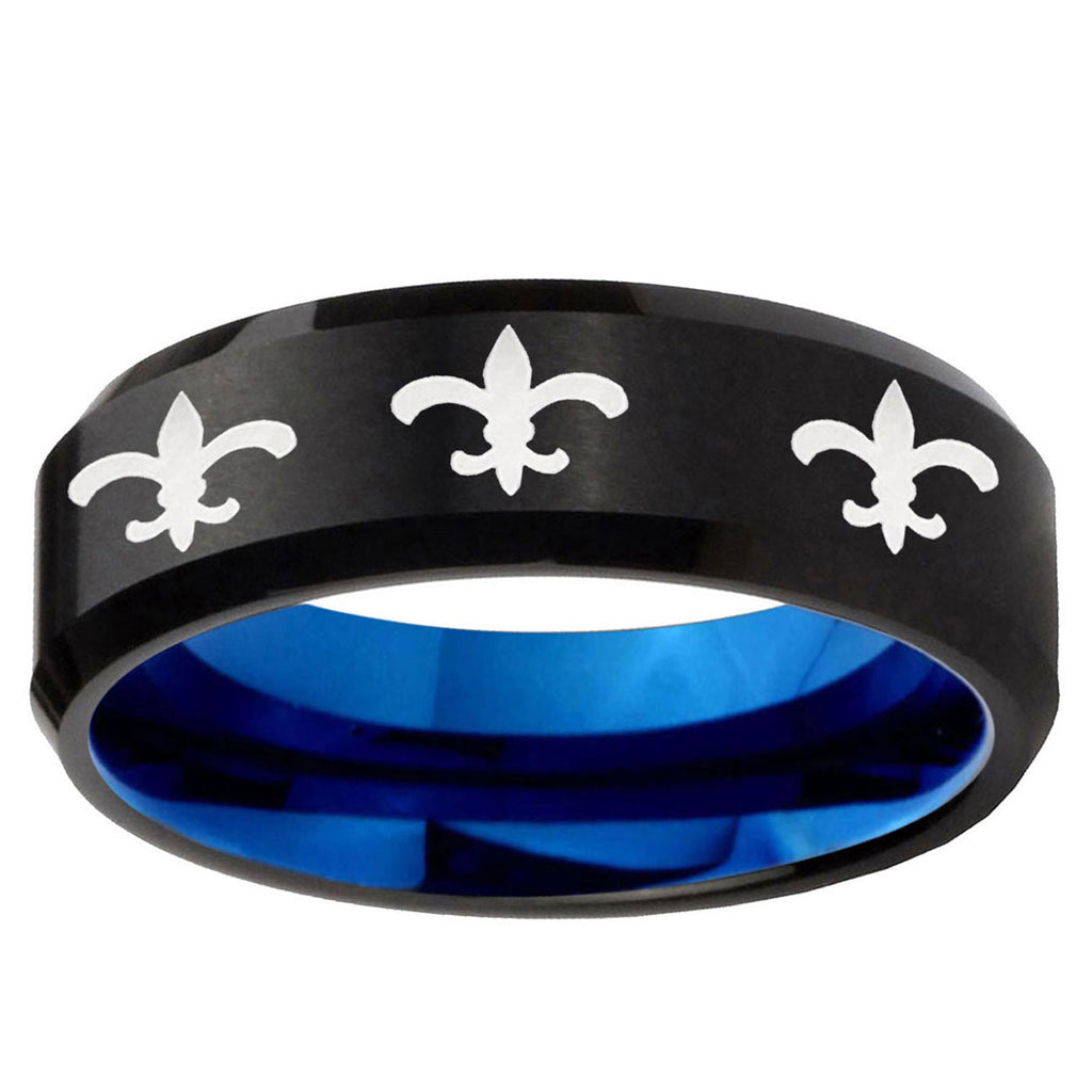 5mm Multi Fleur-De-Lis Two-Tone Beveled Black Blue Tungsten Promised Ring