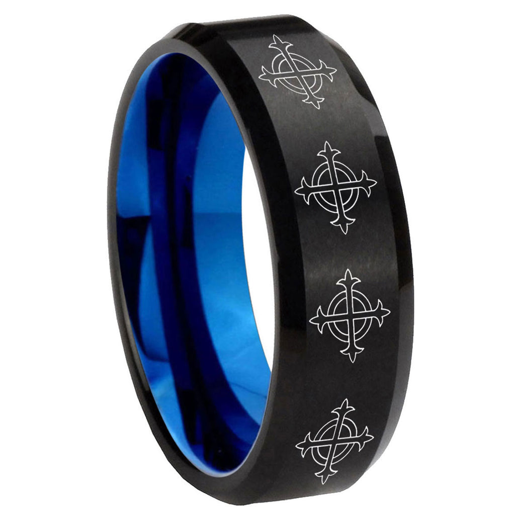 8mm Multiple Crosses Two-Tone Beveled Black Blue Tungsten Promised Ring