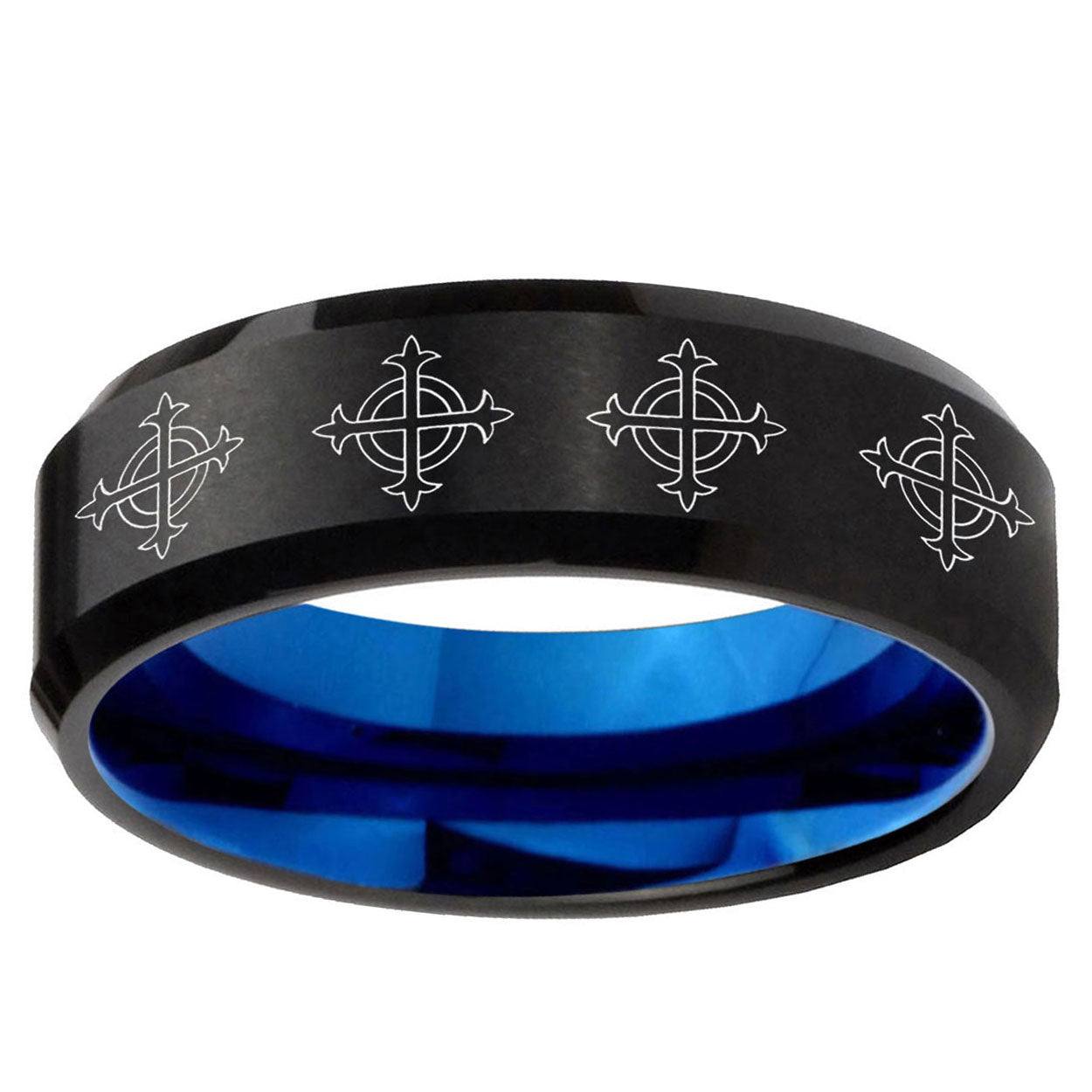 5mm Multiple Crosses Two-Tone Beveled Black Blue Tungsten Promised Ring