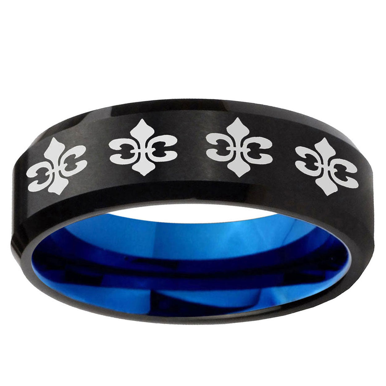 5mm Multi Fleur Delis Two-Tone Beveled Black Blue Tungsten Promised Ring