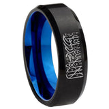 8mm Islamic Shahada Beveled Edge Blue and Black finished Men's Rings Tungsten