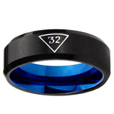5mm Masonic 32 Triangle Freemason Beveled Edge Blue and Black Tungsten Ring