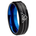 8mm Masonic 32 Duo Line Two-Tone Beveled Black Blue Tungsten Promised Ring