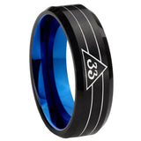 8mm Masonic 32 Duo Line Freemason Beveled Edge Blue and Black Tungsten Carbide Bands Ring
