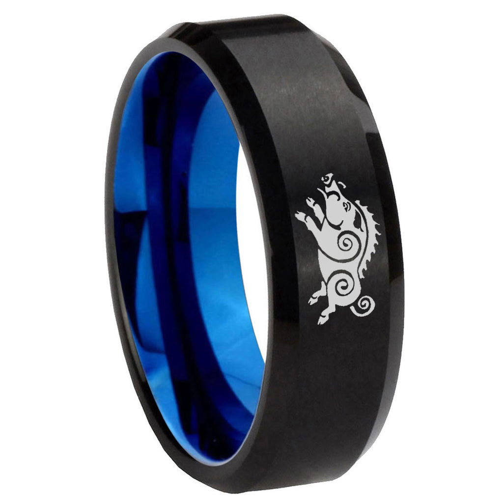 8mm Wild Boar Two-Tone Beveled Black Blue Tungsten Promised Ring