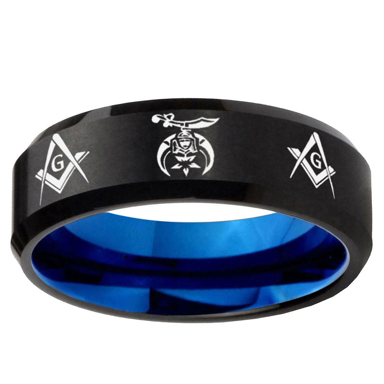 5mm Masonic Shriners Two-Tone Beveled Black Blue Tungsten Promised Ring