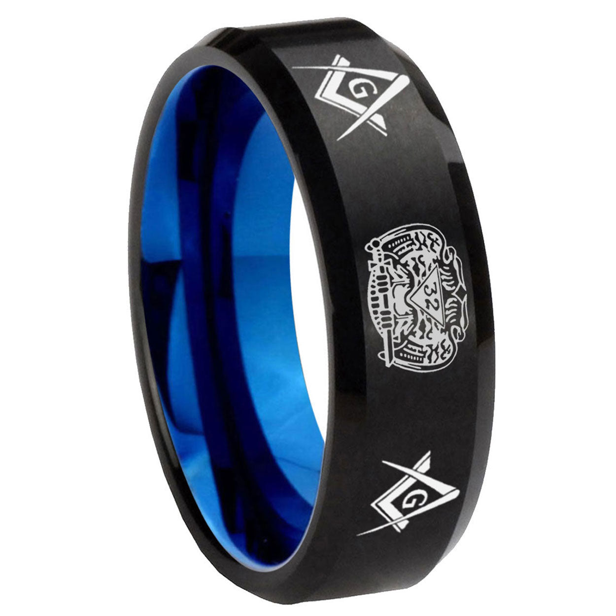 8mm Masonic 32 Design Two-Tone Beveled Black Blue Tungsten Promised Ring