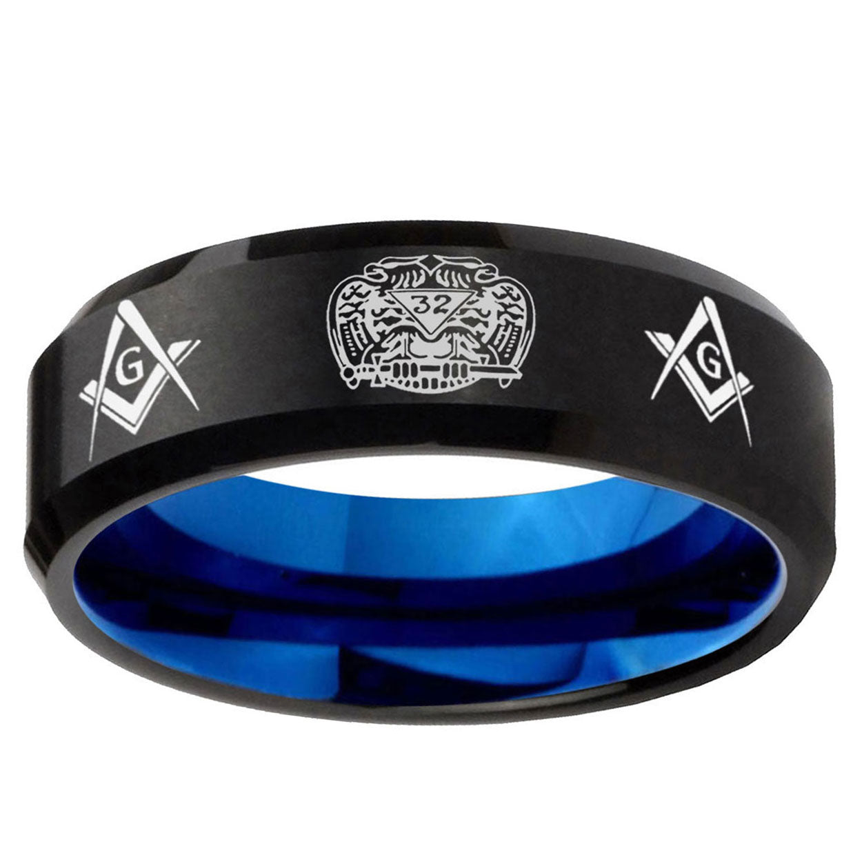 5mm Masonic 32 Design Two-Tone Beveled Black Blue Tungsten Promised Ring