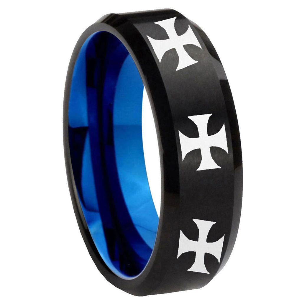 8mm Multi Maltese Cross Two-Tone Beveled Black Blue Tungsten Promised Ring
