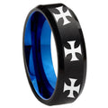 8mm Multi Maltese Cross Two-Tone Beveled Black Blue Tungsten Promised Ring