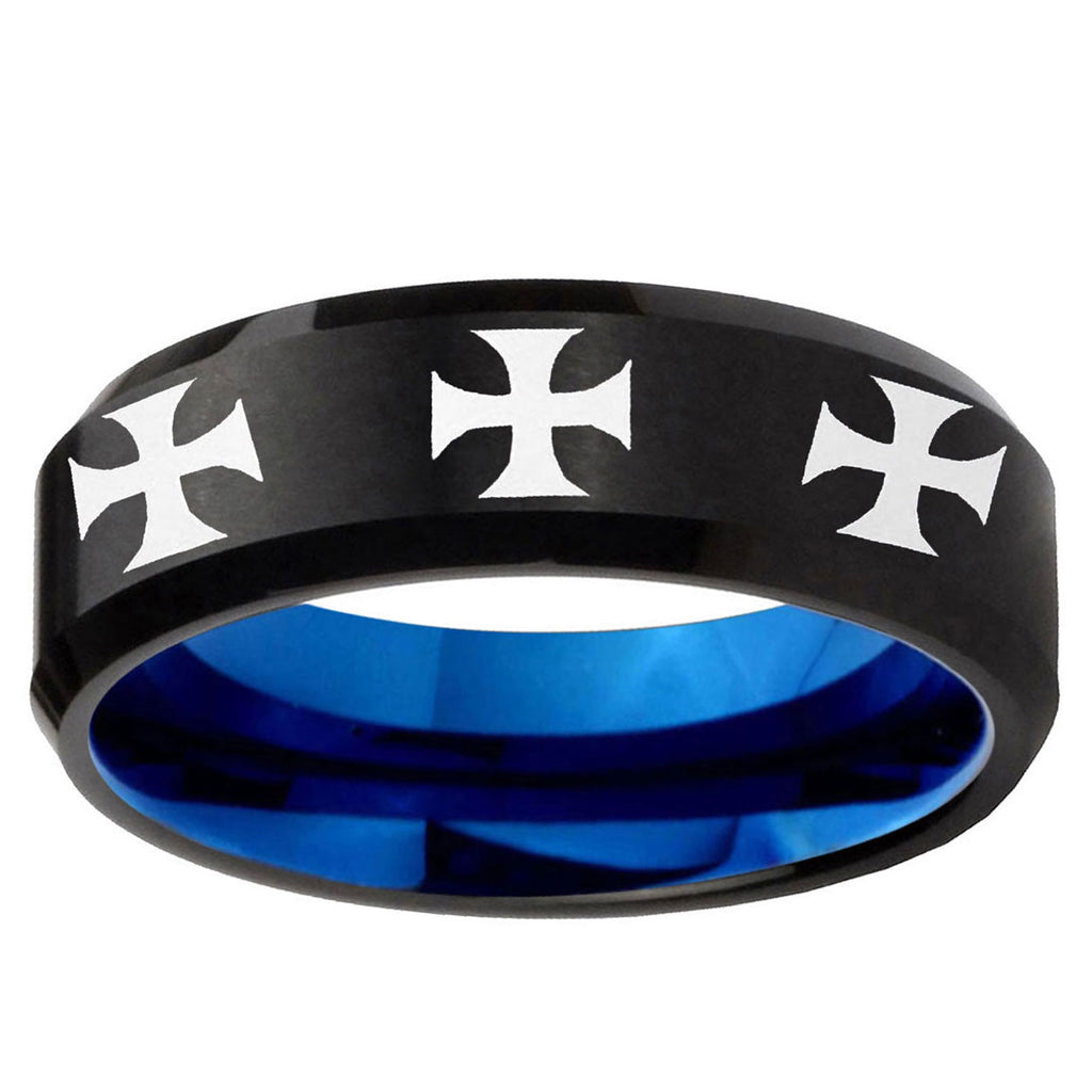 5mm Multi Maltese Cross Two-Tone Beveled Black Blue Tungsten Promised Ring