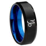 8mm Capricorn Zodiac Beveled Blue and Black Tungsten Men's Ring Personalized