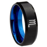 8mm Scorpio Horoscope Beveled Edge Blue and Black Tungsten Promise Ring