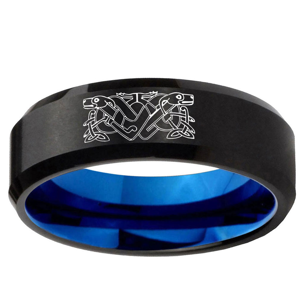 5mm Celtic Dog Two-Tone Beveled Black Blue Tungsten Promised Ring
