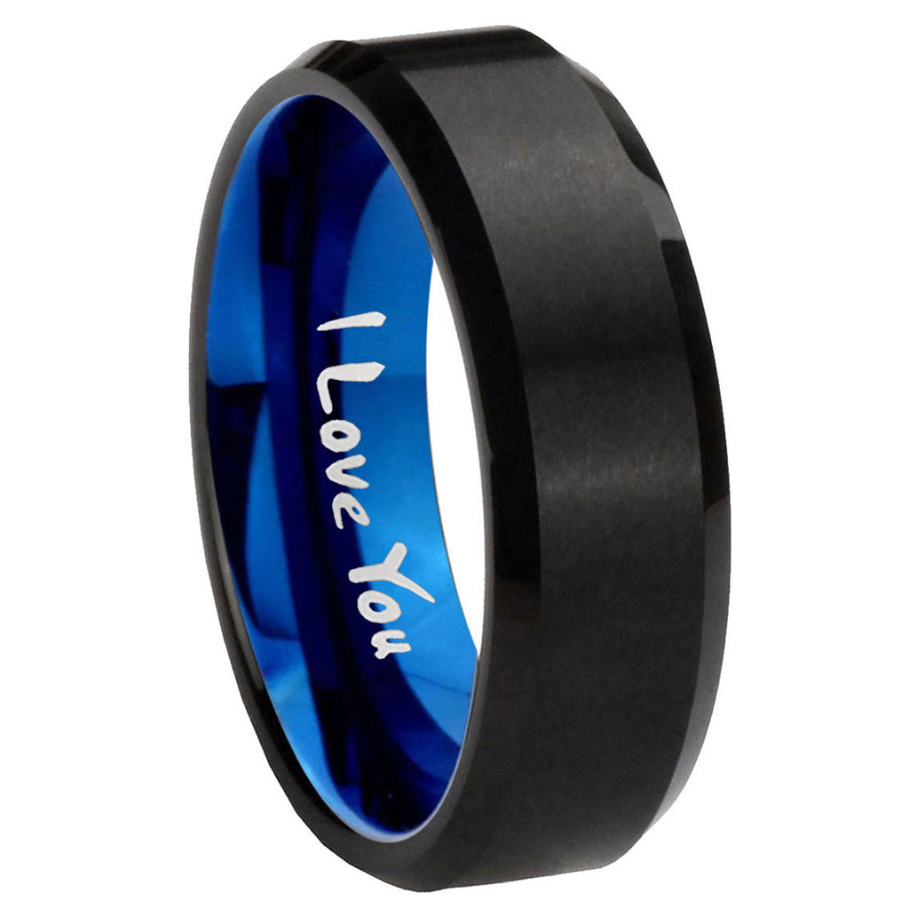 8mm I Love You Two-Tone Beveled Black Blue Tungsten Promised Ring