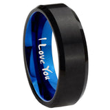 8mm I Love You Beveled Edge Blue and Black Tungsten Men Wedding Ring