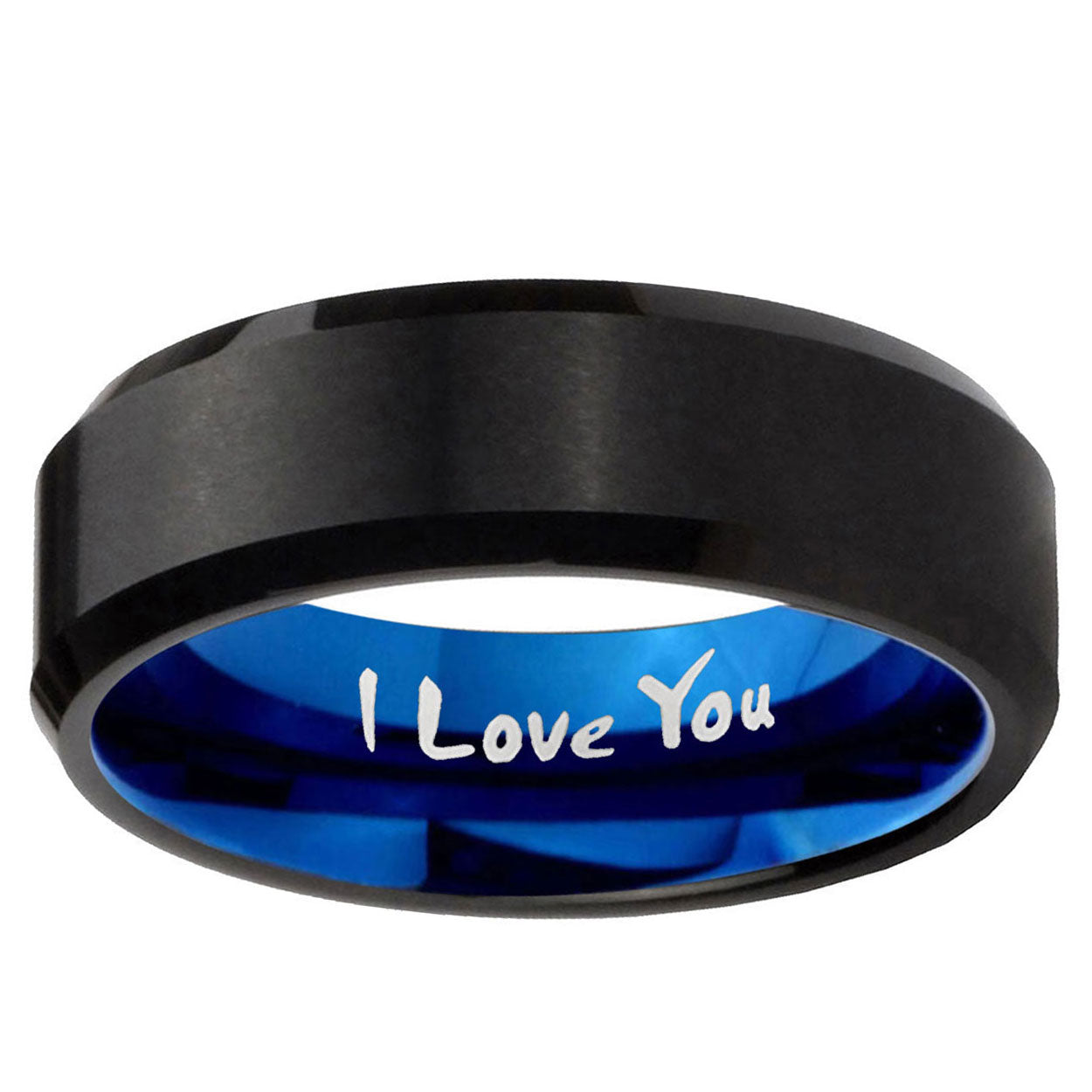 5mm I Love You Two-Tone Beveled Black Blue Tungsten Promised Ring