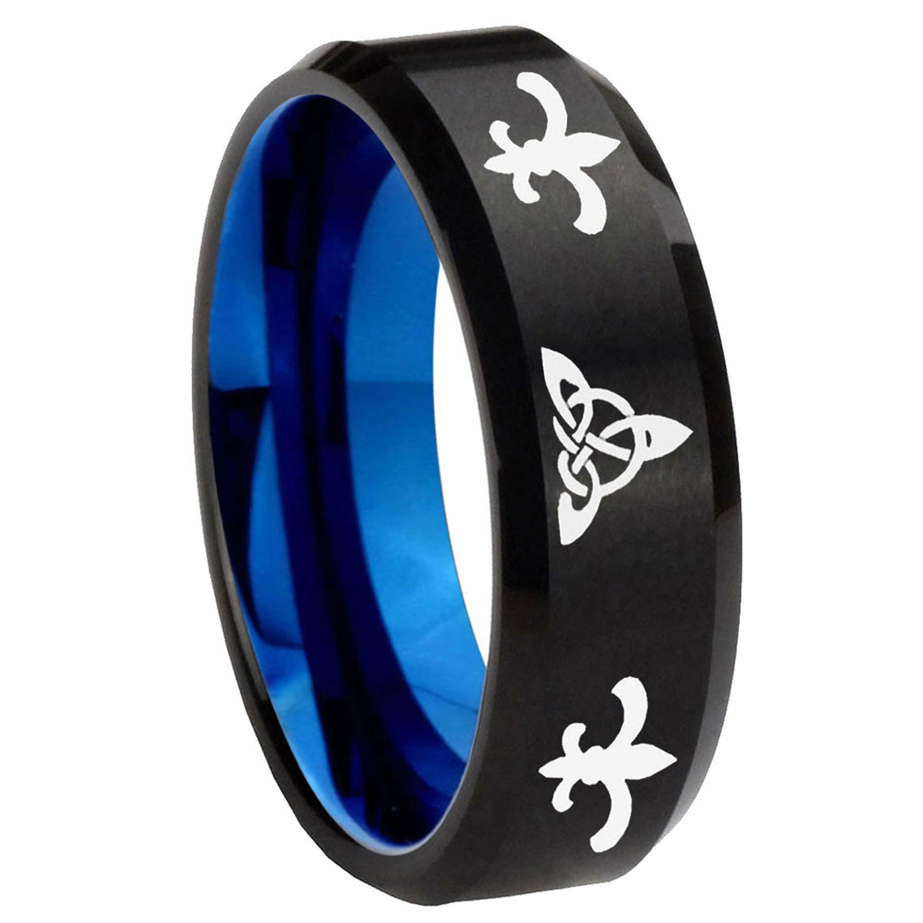 8mm Celtic Triangle Fleur Delis Two-Tone Beveled Black Blue Tungsten Promised Ring