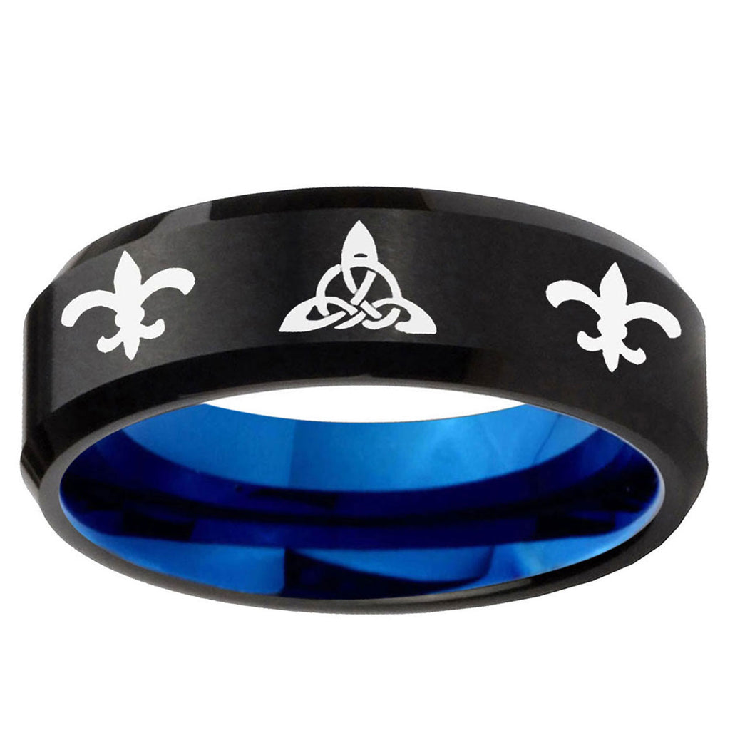 5mm Celtic Triangle Fleur Delis Two-Tone Beveled Black Blue Tungsten Promised Ring