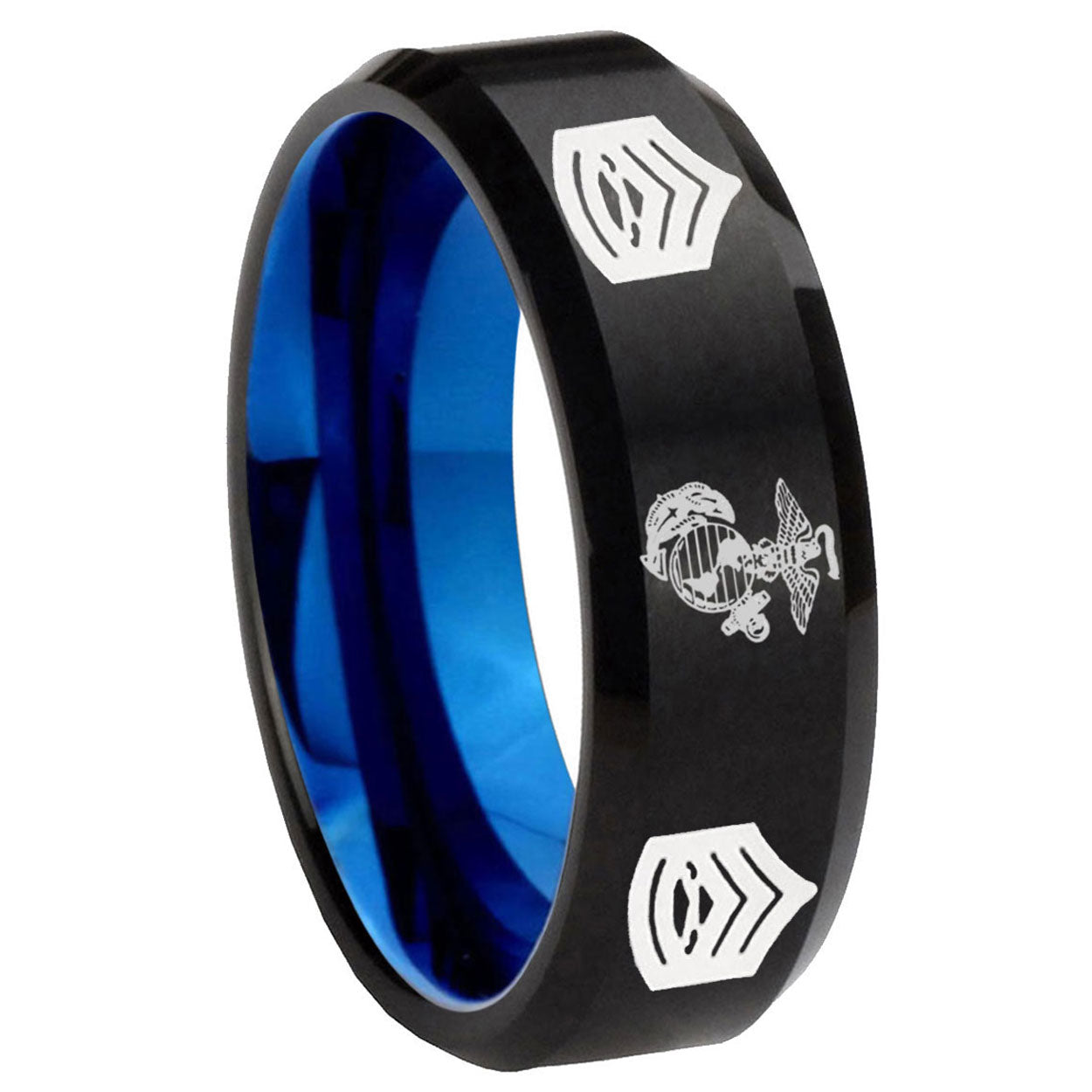 8mm Marine Army Sergeant Two-Tone Beveled Black Blue Tungsten Promised Ring