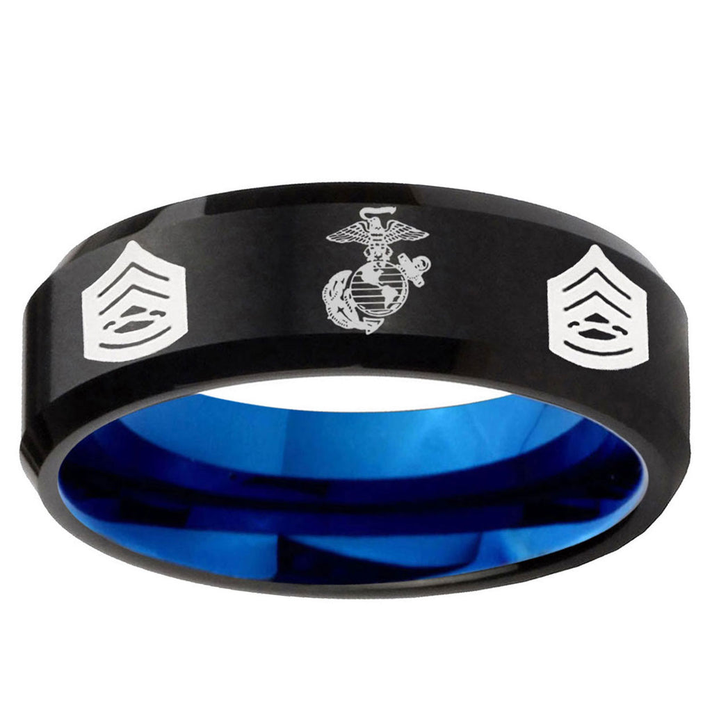 5mm Marine Army Sergeant Two-Tone Beveled Black Blue Tungsten Promised Ring