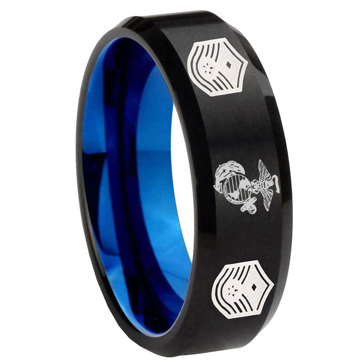 8mm Marine Chief Master Sergeant Two-Tone Beveled Black Blue Tungsten Promised Ring