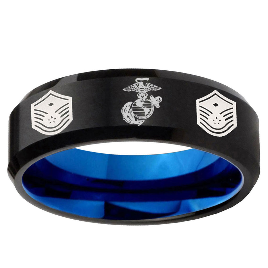 5mm Marine Chief Master Sergeant Two-Tone Beveled Black Blue Tungsten Promised Ring