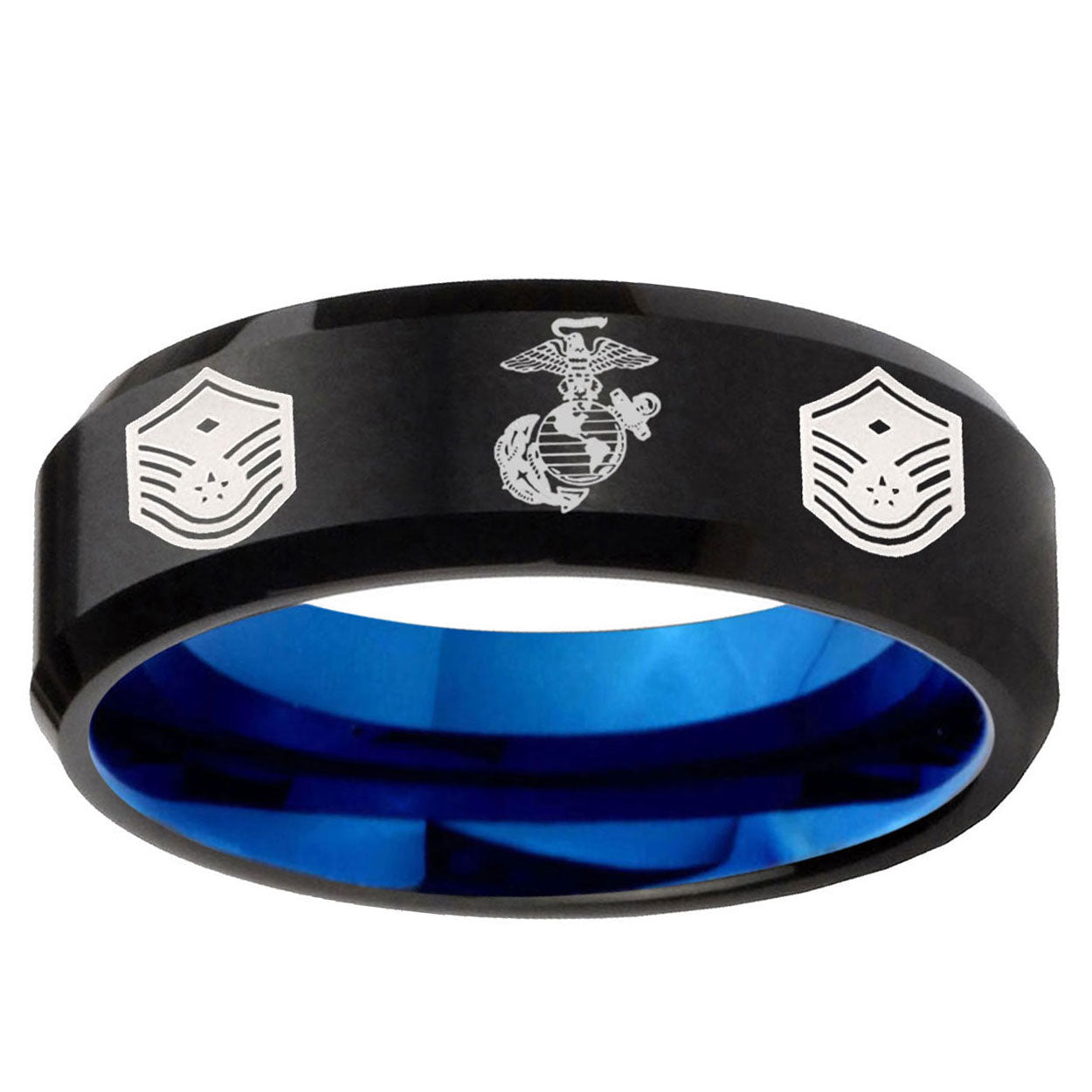 5mm Marine Chief Master Sergeant Two-Tone Beveled Black Blue Tungsten Promised Ring