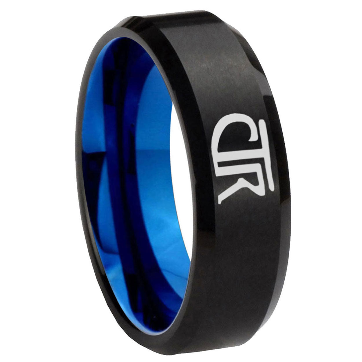 8MM CTR Beveled Blue Black Tungsten Mens Wedding Rings