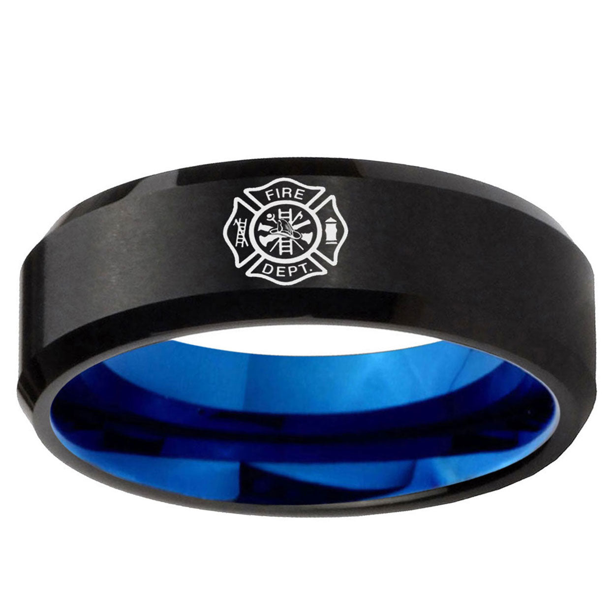 10mm Fire Department Bevel Tungsten Carbide Blue Men's Band Ring