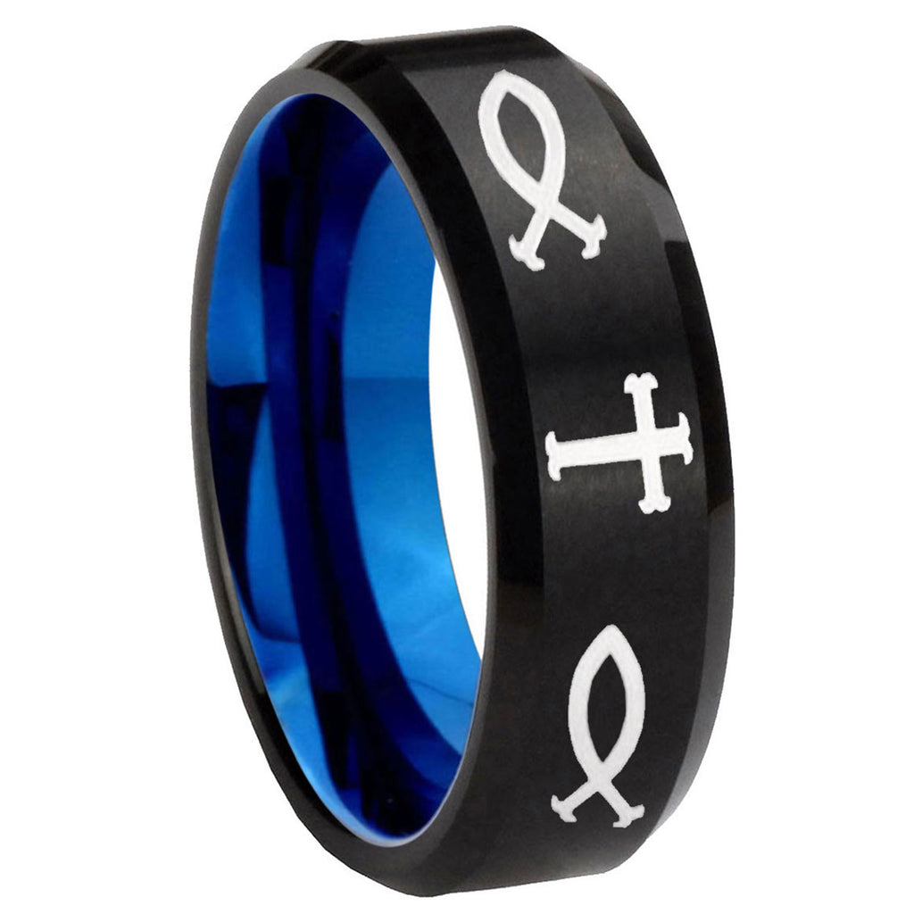 8mm God Is Love Two-Tone Beveled Black Blue Tungsten Promised Ring
