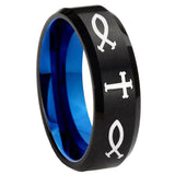 8mm Fish & Cross Beveled Edge Blue and Black Tungsten Men Wedding Band