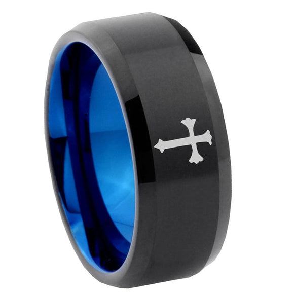 8mm-Flat-Christian-Cross-Bevel-Tungsten-Carbide-Blue-Mens-Promise-Ring
