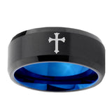 8mm-Flat-Christian-Cross-Bevel-Tungsten-Carbide-Blue-Mens-Promise-Ring