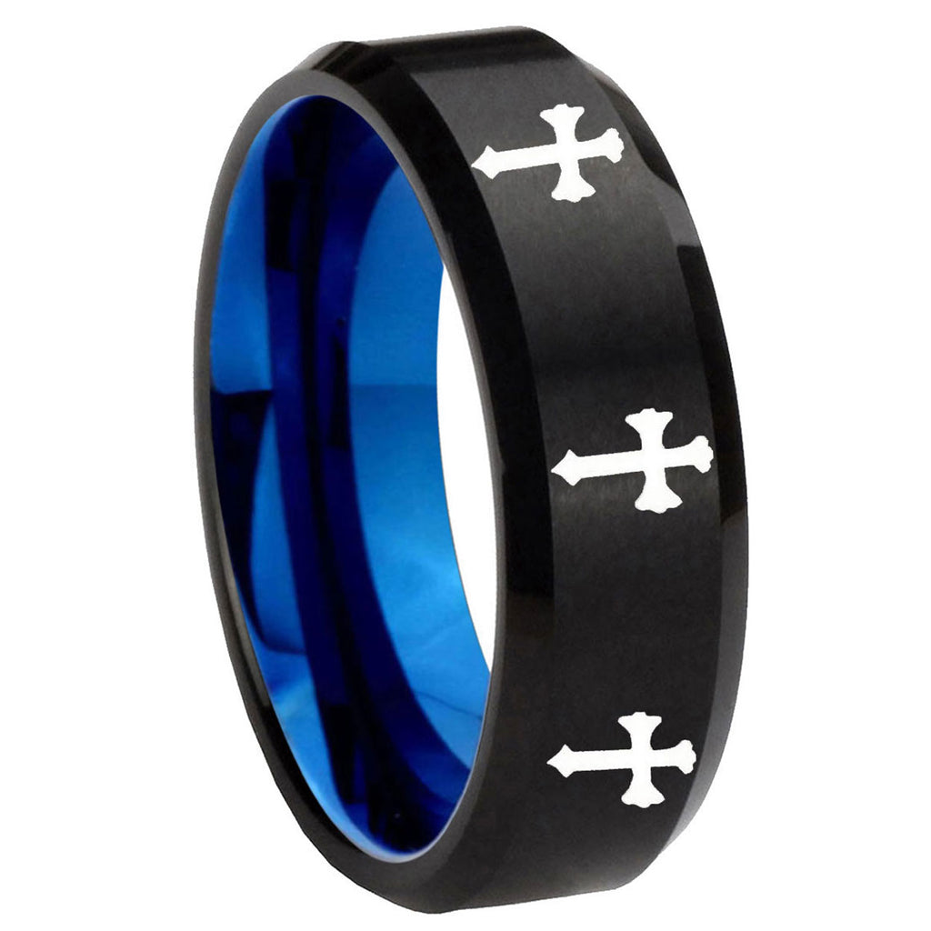 8mm Multi Christian Cross Two-Tone Beveled Black Blue Tungsten Promised Ring