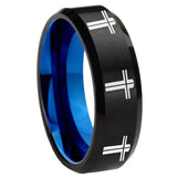 8mm Multiple Christian Cross Beveled Blue and Black Tungsten Engagement Ring