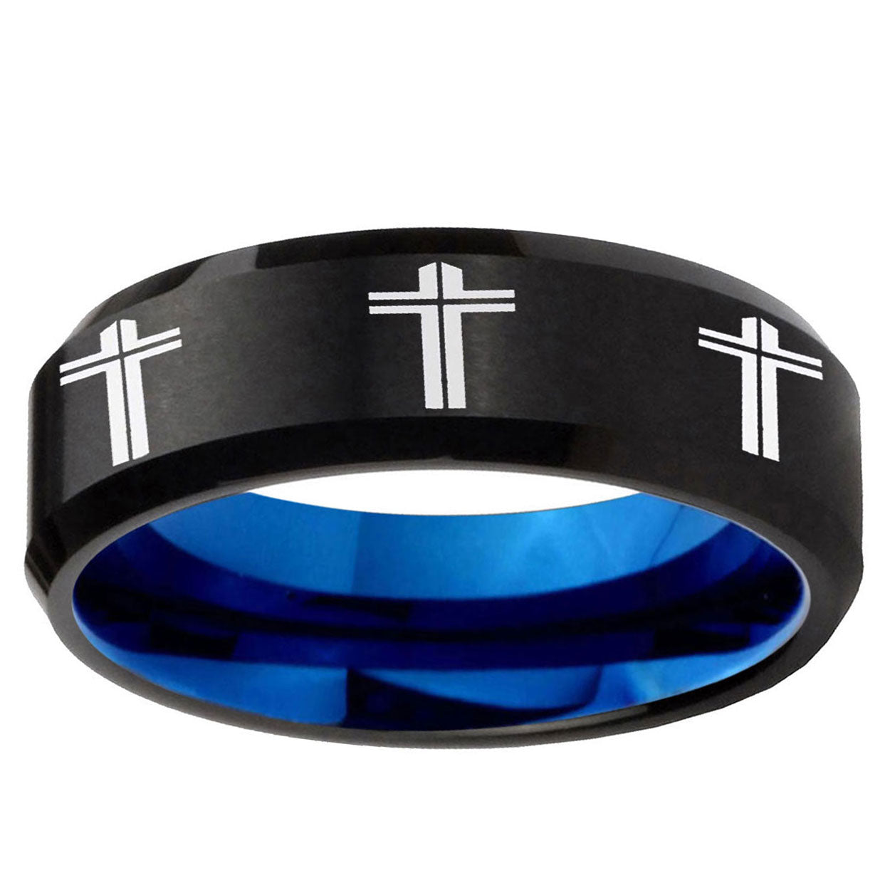 5mm Multi Christian Cross Two-Tone Beveled Black Blue Tungsten Promised Ring