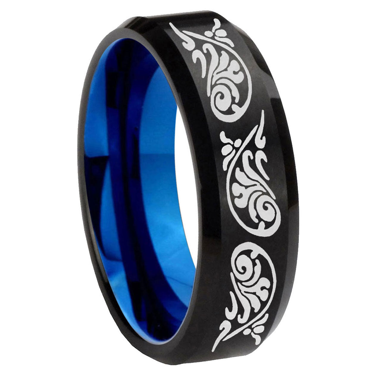 8mm Etched Tribal Two-Tone Beveled Black Blue Tungsten Promised Ring