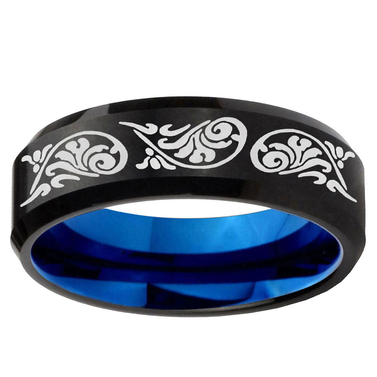 5mm Etched Tribal Two-Tone Beveled Black Blue Tungsten Promised Ring