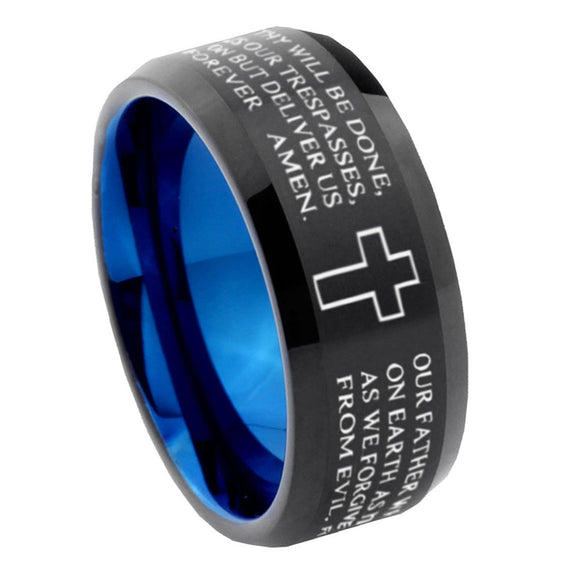 10mm-Bible-Lord's-Prayer-Cross-Bevel-Tungsten-Carbide-Blue-Wedding-Ring