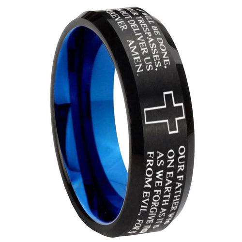 10mm Bible Lord's Prayer Cross Bevel Tungsten Carbide Blue Wedding Ring