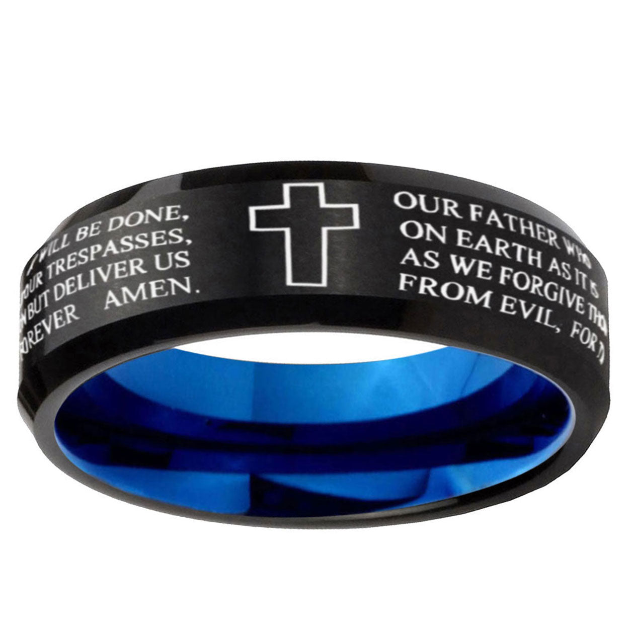 10mm Bible Lord's Prayer Cross Bevel Tungsten Carbide Blue Wedding Ring