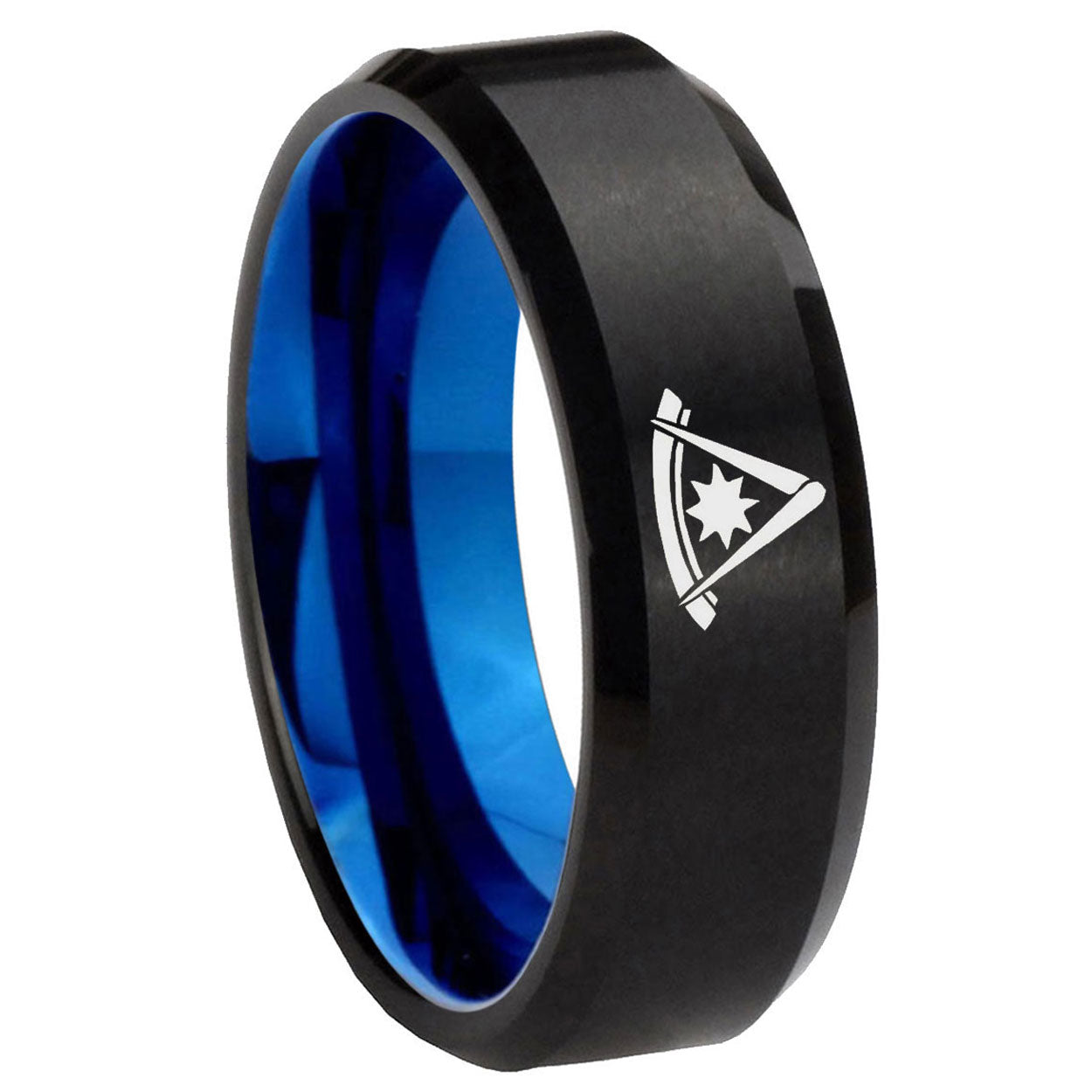 8mm Peaster Master Masonic Two-Tone Beveled Black Blue Tungsten Promised Ring