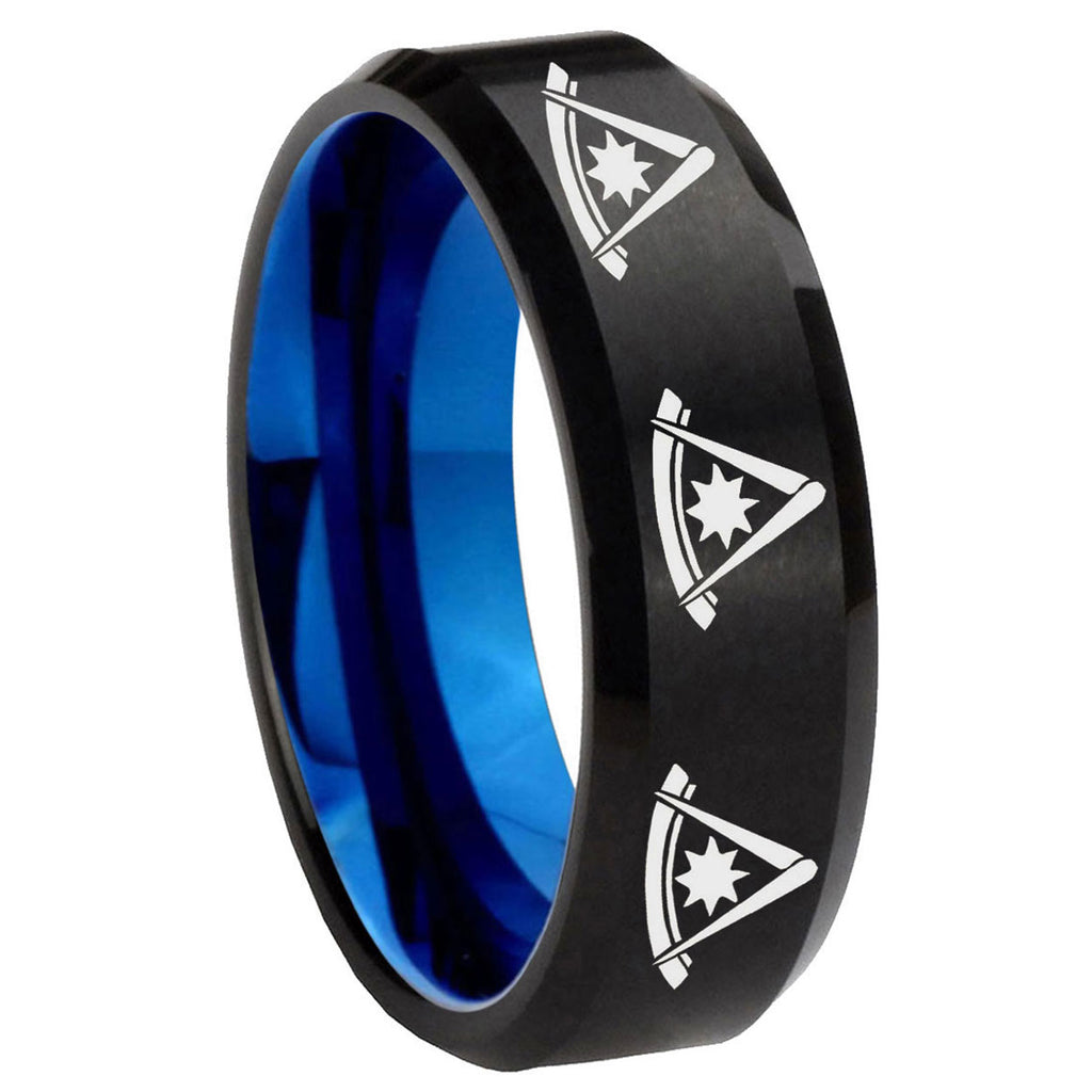 8mm Multi Pester Master Two-Tone Beveled Black Blue Tungsten Promised Ring