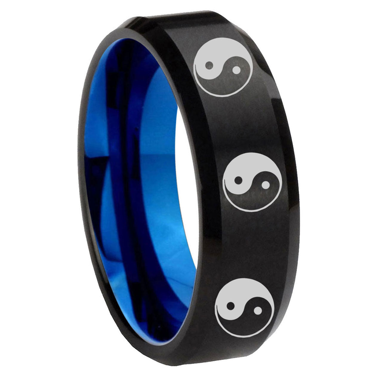 8mm Multiple Yin Yang Two-Tone Beveled Black Blue Tungsten Promised Ring
