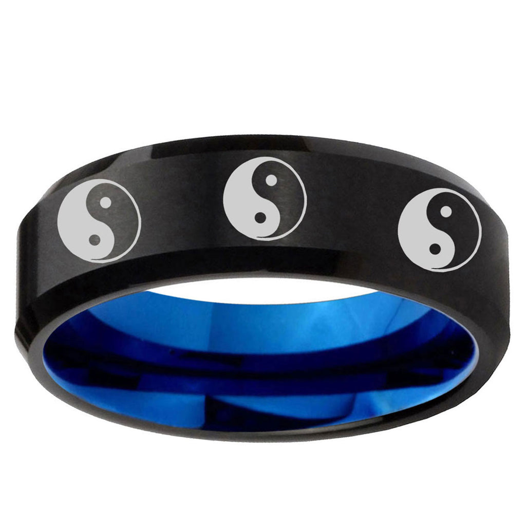 5mm Multiple Yin Yang Two-Tone Beveled Black Blue Tungsten Promised Ring