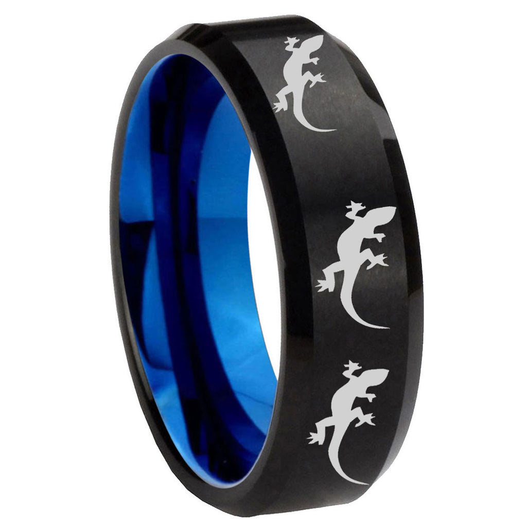 8mm Multiple Lizard Two-Tone Beveled Black Blue Tungsten Promised Ring